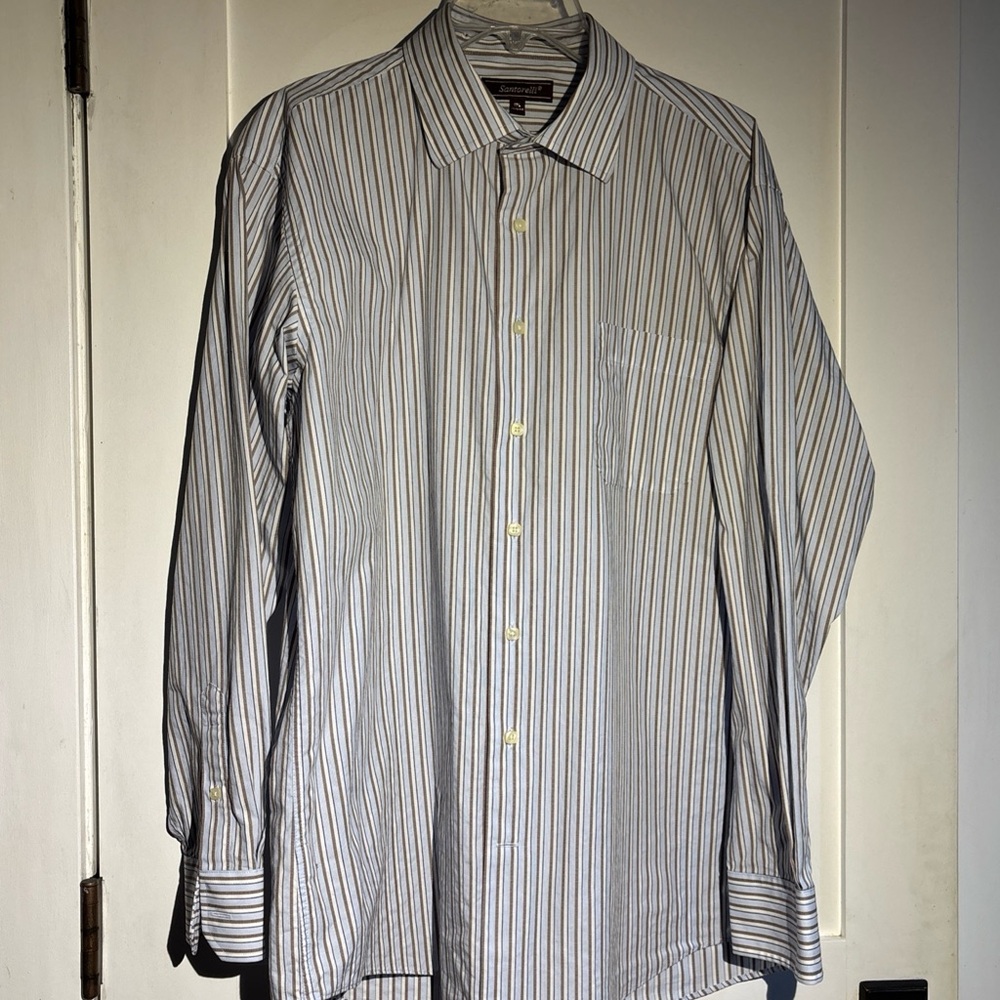 Santorelli Men's Striped Blue, white and tan. Button-Down Shirt Preloved Sz 17L
